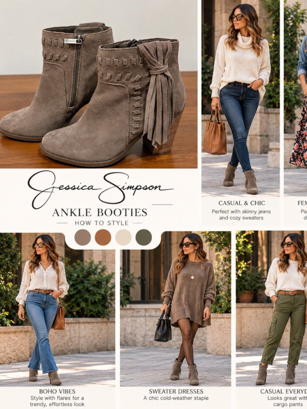 Jessica Simpson Taupe Suede Fringe Tassel Ankle Boots – Size 8